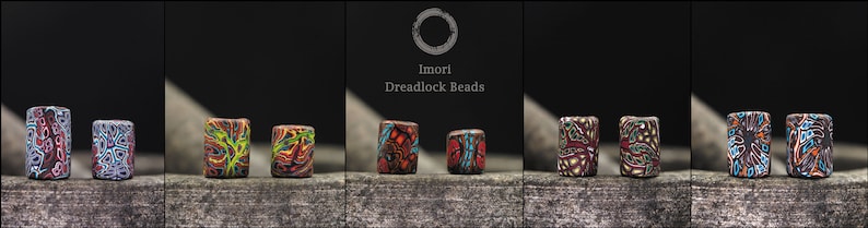 May include: A set of colorful, patterned, rectangular dreadlock beads. The beads are made of polymer clay and have a variety of designs, including geometric patterns, floral motifs, and abstract shapes.