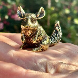 Op de afbeelding: Een kleine, gedetailleerde messing figuur van een chinchilla. De sculptuur heeft een getextureerd lichaam, grote oren en een volle staart. De chinchilla zit met zijn voorpoten rustend. De figuur wordt in een hand gehouden.