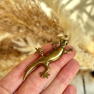 May include: A detailed, antique-style brass lizard figurine. The lizard is posed with its legs spread, and its tail is long and curved. The brass has a warm, golden hue, and the details of the lizard's scales and features are visible.