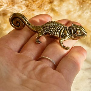 Może przedstawiać: Szczegółowa figurka kameleona z mosiądzu z teksturowanymi łuskami i zakręconym ogonem. Gad jest ustawiony na czterech łapach, prezentując swój skomplikowany design. Figurka jest przedmiotem dekoracyjnym.