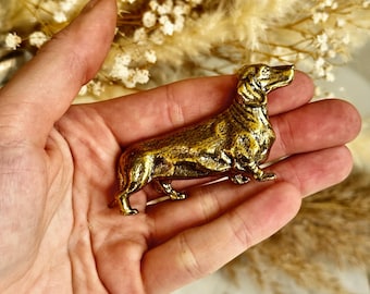 Aged Brass Dachshund Figurine: Miniature Dog Ornament