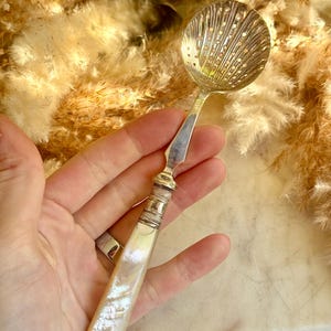 Puede incluir: Una cuchara ranurada plateada con un mango decorativo. El cuenco de la cuchara tiene un diseño detallado y texturizado. El mango presenta una incrustación de nácar y detalles plateados. La cuchara se sostiene en una mano sobre un fondo borroso.