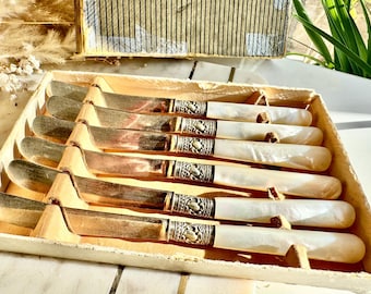 Antique Silver Plated Butter Knives: Mother of Pearl Handles, Edwardian Set