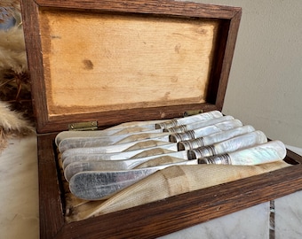 Antique Mother-of-Pearl Dessert Knives: English Silver-Plated Set of 6