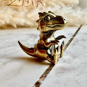 May include: A small, brass-colored dinosaur figurine. The dinosaur is sitting with its arms at its sides and its tail curled. The figurine has detailed features, including scales and a textured surface. The background is blurred, with dried plants.