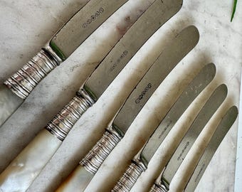 Set of 6 Antique English Butter Knives – Silver-Plated Blades, Sterling Silver Collars, Mother-of-Pearl Handles