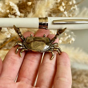 May include: A cream-coloured pen rests on a small, antique brass crab figurine. The crab's claws cradle the pen, showcasing its intricate details. The pen has gold accents and a silver clip. The background is blurred with dried flowers.