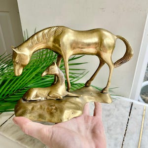 Vintage Solid Brass Mare and Colt Sculpture — Equestrian Art Figurine