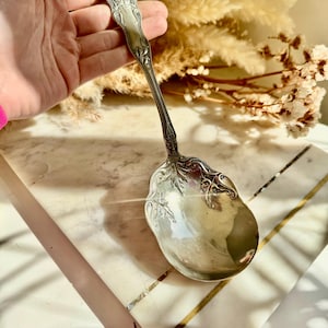 Antique Art Nouveau Silver Plated Serving Spoon with Botanical Relief