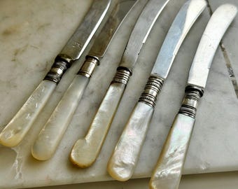 Vintage Mother of Pearl Butter Knives - English Silver Collars, Mixed Set