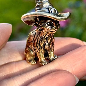Può includere: Statuetta color bronzo di un gatto con un cappello da strega. Il gatto è seduto, con le zampe in avanti. Il cappello ha un'ampia tesa e una punta. La statuetta è dettagliata e ha una finitura metallica.