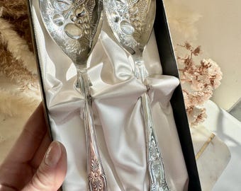 Silver Plated Fruit Motif Serving Spoon Set – Highlands, Sheffield England, Boxed Pair