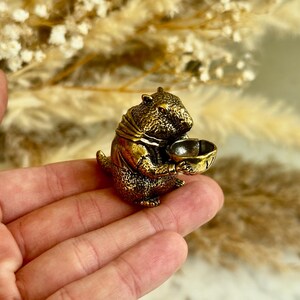 May include: A detailed bronze figurine of a groundhog holding a small bowl. The groundhog is wearing a scarf and a vest. The figurine has a textured surface and is set against a blurred background of dried plants.