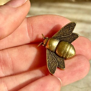 May include: A detailed, antique-style bee pin with a gold-colored body and intricately detailed wings. The wings have a darker, bronze hue, and the pin is held in a hand, showcasing its size and design. The bee pin is a decorative accessory.