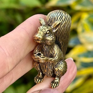 May include: A detailed brass squirrel figurine. The squirrel is depicted in a seated position, holding something in its paws. The figurine has a textured surface and a bushy tail. The background is blurred, with green and yellow foliage.