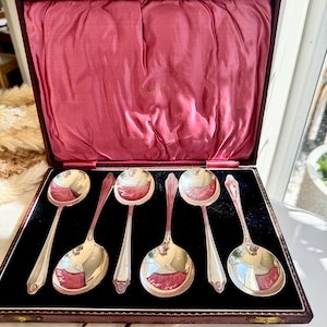 Vintage EPNS Silver Plated Soup Spoons – Set of 6 in Red Velvet Box, Made in England