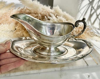 Vintage verzilverde juskom met bijpassende standaard, sierlijk handvat, Engelse serviesset