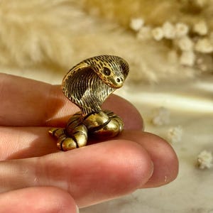 May include: A miniature brass cobra figurine, intricately detailed. The snake is coiled with its hood up, revealing detailed scales and eyes. The figurine is held in a hand, emphasizing its size and craftsmanship. The brass has a warm, antique finish.