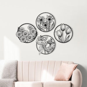 Set of 4 Flowers Wood Wall Decor, Dandelion, Lily Wall Art, Botanical Wall Art, Large Wall Panels, Plant Themed Artwork, Housewarming Gift