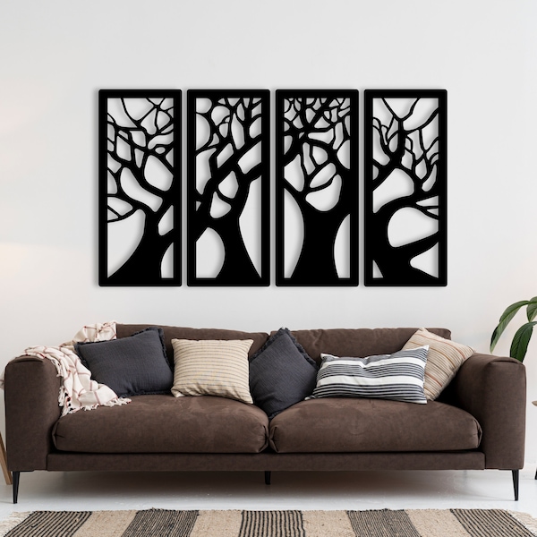 Tree Wall Art | Set of 4 Wood Wall Decor | Decorative Wood Panels | Housewarming Gift, Livingroom Wall Decor, Leaves Wall Art, Birthday Gift