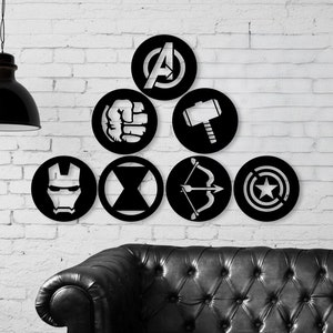 Avengers Logo Sign Set 7 Pieces, Avengers Wood Wall Decor, Superhero Wall Art, Boys Room Decor, Nursery Avengers Set, Thor Hulk Iron Man Set
