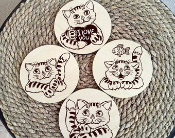 Personalized Laser Engraved Coaster, Gift For Cat Lovers, Wooden Coaster Set Of 4, Tea, Coffee Coaster, Housewarming Gift, Gift For Mom