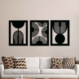 Mid Century Wood Wall Art | Set Of 3 Modern Wooden Wall Decor | Housewarming Gift, Big Wall Panel | Wood Wall Hanging, Extra Large Wall Art