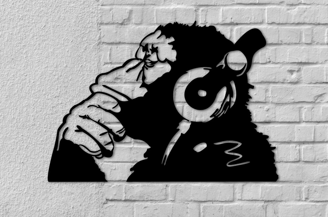 Banksy Monkey Wall Art Thinking Monkey With Headphones Etsy