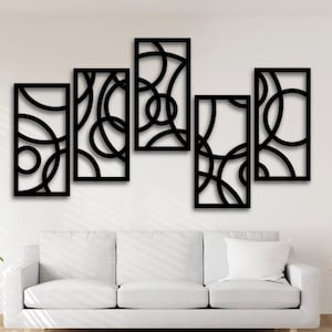Wood Wall Art | Set Of 5 Abstract Modern Line Art  | Geometric Wood Panel, Black, White Wood Wall Decor, Large Wall Decor, Housewarming Gift