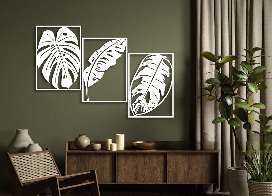 Set of 3 Monstera Wall Decor | Tropical Leaves Wooden Wall Art | Large ...