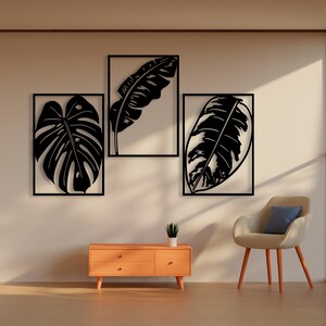 Set of 3 Monstera Wall Decor | Tropical Leaves Wooden Wall Art | Large ...