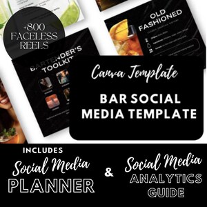 30 Bar Social Media | Menu koktajlowe, Happy Hour i promocje wydarzeń | Planer mediów społecznościowych, przewodnik analityczny i 800 filmów bez twarzy