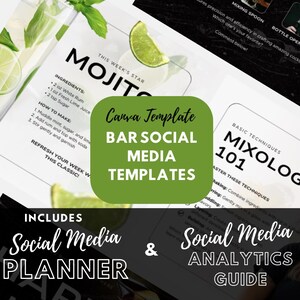 30 modèles de barres de médias sociaux | Guide d'analyse et de planification des réseaux sociaux | Cartes de cocktails, happy hour et promotions d'événements