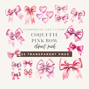 Watercolor Pink Bows Clipart | Pink Ribbon Bow | Paper Crafts | Bridal Shower | Gift Bow Clipart | Transparent Background | Silk Bow