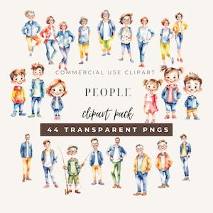 Pacchetto di clipart eccentrico di persone felici / Clipart per acquerello di famiglia / Clipart di biglietti d'auguri / Uso commerciale / Persone di età diverse