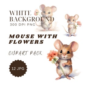 Conjunto de imágenes prediseñadas de adorables ratones y flores: 12 archivos JPG de alta calidad, descarga digital instantánea, fondo blanco, licencia de uso comercial