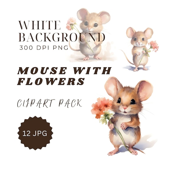 Adorable Mouse and Flower Clipart Set - 12 High Quality JPGs, Digital Instant Download, White Background, Commercial use License