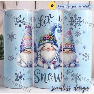 Let It Snow 20 Oz Skinny Tumbler Wrap, Christmas Gnomes Sublimation Skinny Tumbler Design, New Year Gnome, Digital Download, Snowflake PNG