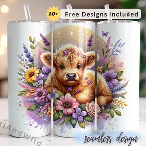 Floral Highland Cow Tumbler Wrap - 20oz Skinny Tumbler Design - Cute Cow Sublimation - Digital Download