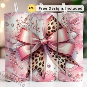 Coquette Bow Tumbler Wrap PNG: roze luipaardprint, kant en parels (digitale download)