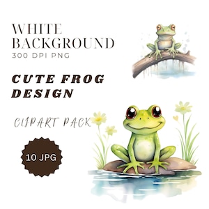 Whimsical Watercolor Frogs Clipart Bundle - 10 High Quality JPGs - Instant Download, DIY Cards, Nursery Decor Print, Commercial use
