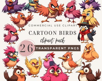 Cartoon Bird Clipart PNG, 26 Funny Quirky Bird Bundle Transparent, Cute Bird Illustrations, Kids Commercial Use