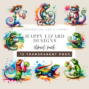 12 diseños de lagarto, paquete de imágenes prediseñadas digitales, 12 PNG de alta calidad, descarga instantánea, fondo transparente, uso comercial, scrapbooking