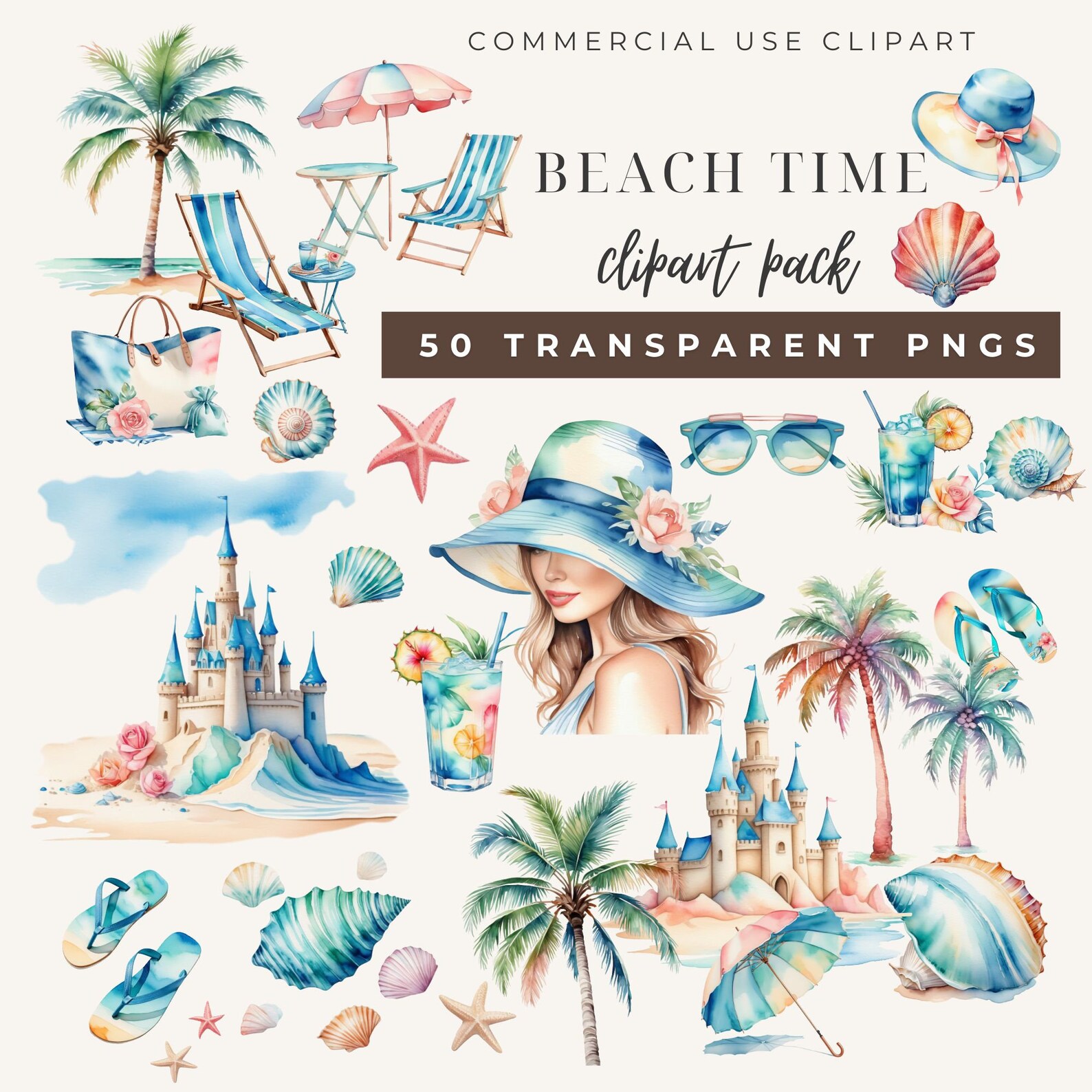 Summer Beach Watercolor Clipart Bundle Vacation Clip Art Boho Tropical ...