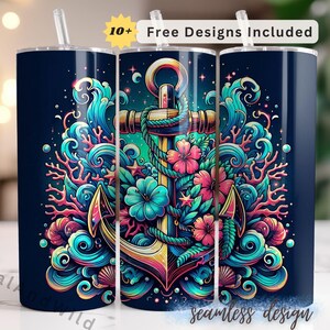 Floral Anchor Tumbler Wrap - Floral & Nautical Design for 20 oz Tumblers - Sublimation Design - Ocean Theme - Digital Download PNG