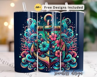 Floral Anchor 20oz Tumbler Wrap PNG, Nautical Ocean Sublimation Design, Coastal Skinny Tumbler