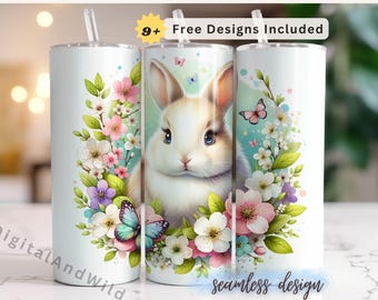 Easter Bunny Tumbler Wrap PNG, 20oz Skinny Tumbler Sublimation Design, Floral Bunny Digital Download, Spring Rabbit Wrap