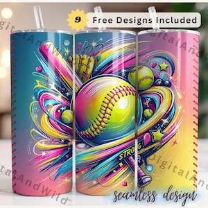 Könnte beinhalten: Ein farbenfrohes Sublimationsdesign mit einem Softball, einem Schläger und Sternen auf einem Becher. Das Design ist nahtlos und beinhaltet 9 kostenlose Designs.