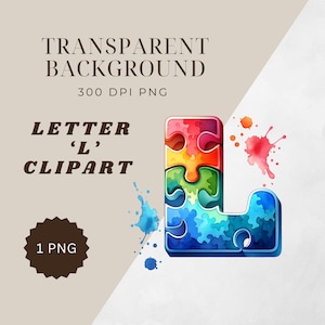 Letra 'L' de rompecabezas Clipart - Descarga digital / Piezas de rompecabezas de autismo Png / Clipart de piezas de rompecabezas / Clip Art de rompecabezas / Sublimación