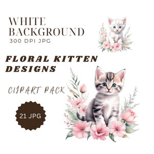 Cute Floral KittenClipartBundle, Flowers and Kitten image, Cat Lover Clipart pack, Commercial Use